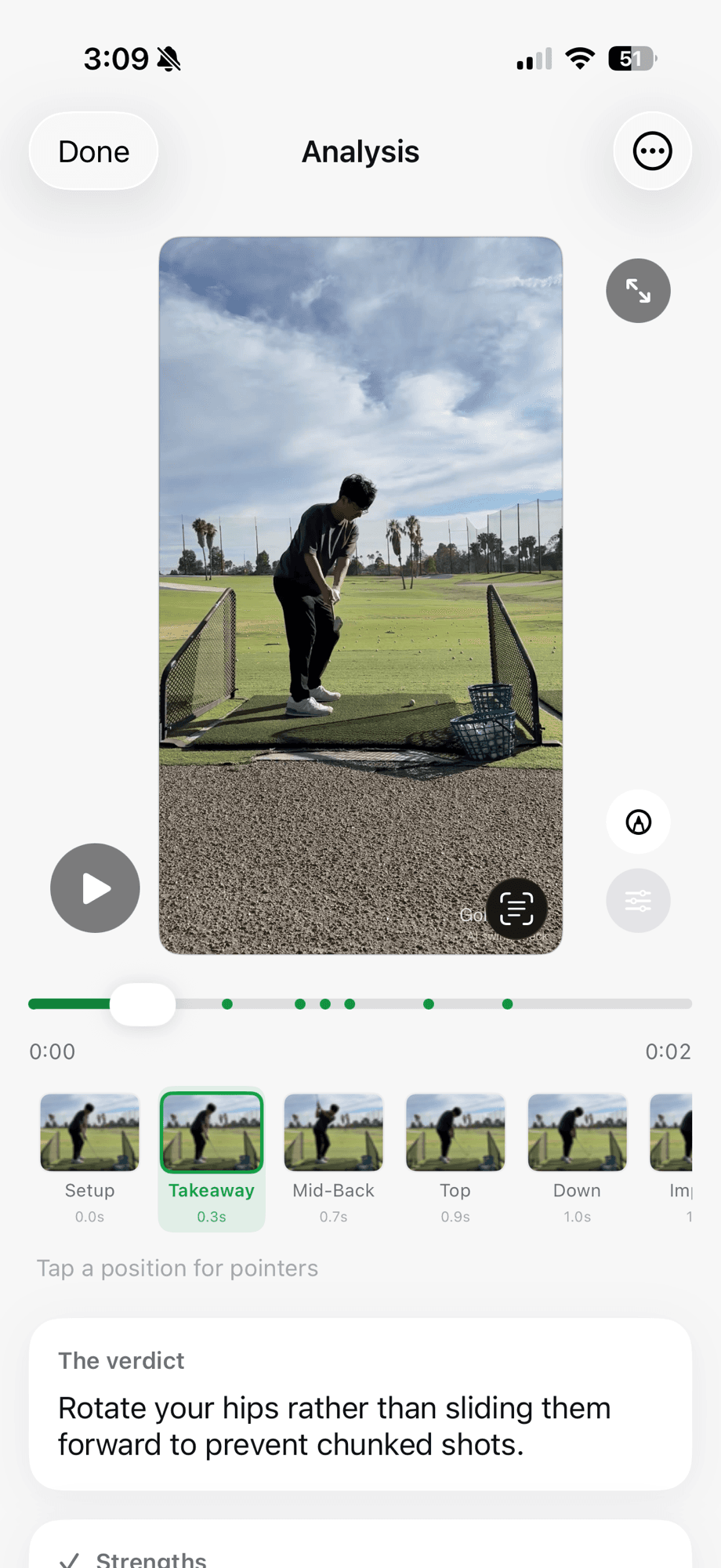Golf Lab AI swing check-in showing the position bar and verdict