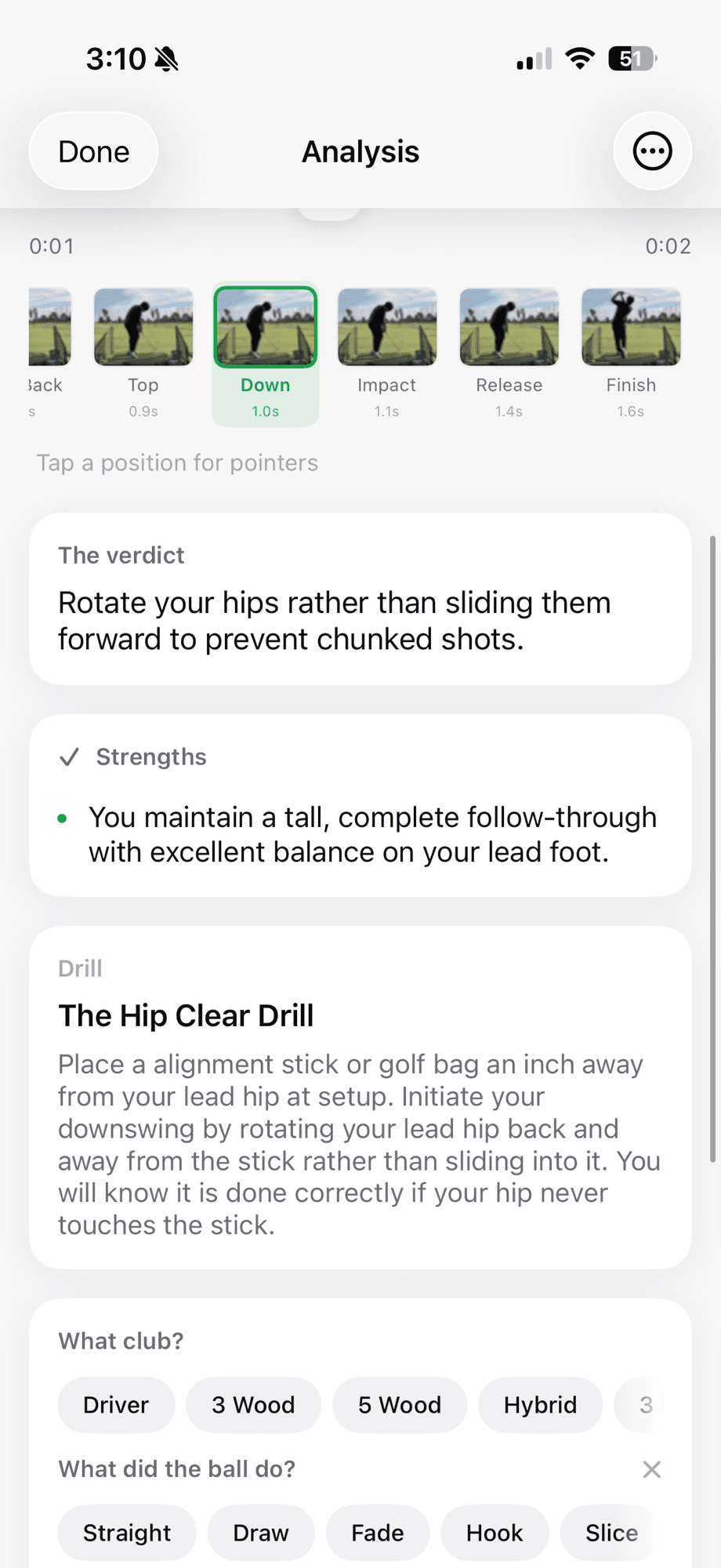 Golf Lab AI verdict with strengths and the prescribed drill