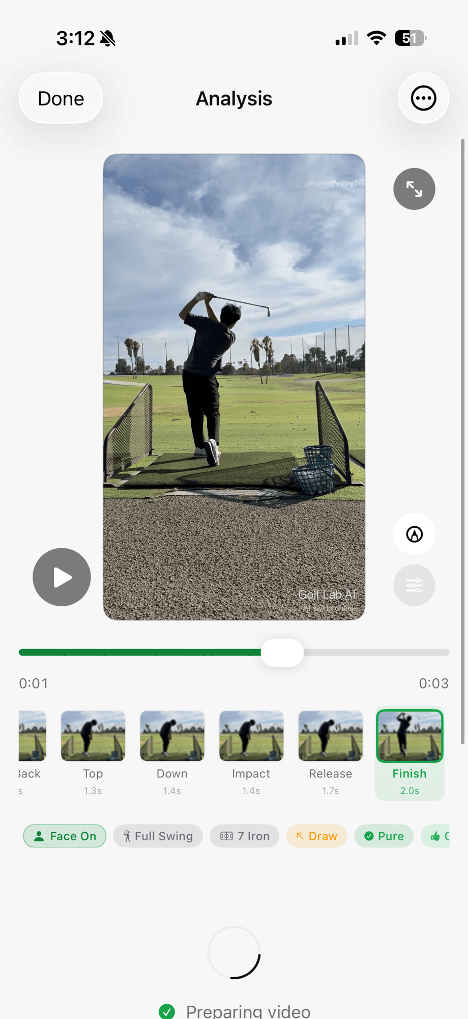 Golf Lab AI position bar with the Finish position selected
